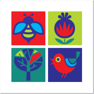 Bright, Bold Bird, Bee, Flower & A Tree Posters and Art